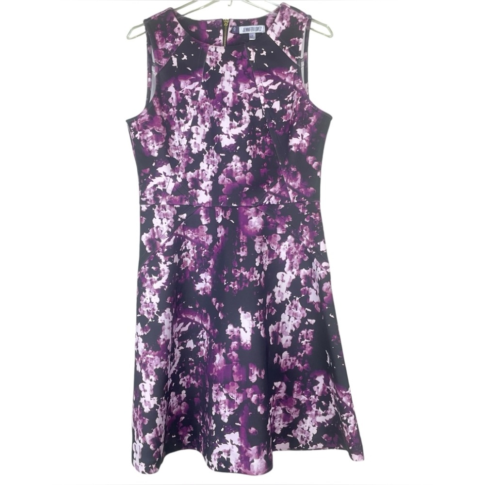 Jennifer Lopez Floral Purple & White Printed Dress Scuba Material Zip Size 12